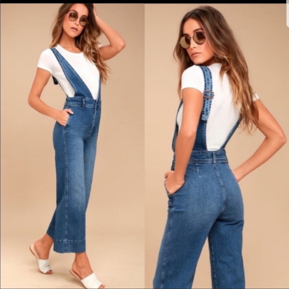 Free People Deep V Denim Jumpsuit